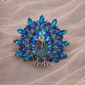 Turkey Blue Rhinestone Thanksgiving Brooch Festive Sparkling Holiday Jewelry